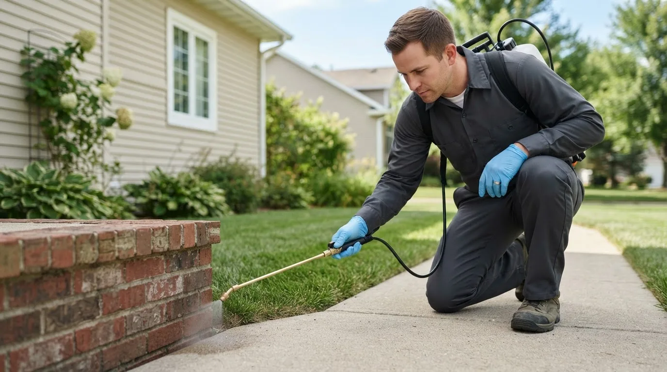 Pest control technician treating a home near Ong, NE