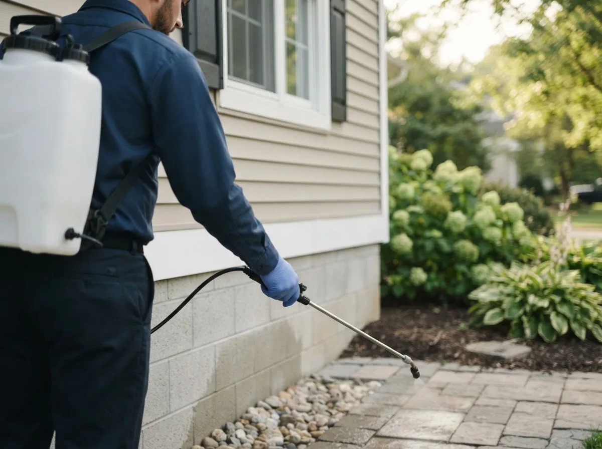 Pest control technician inspecting a home in Ong, NE